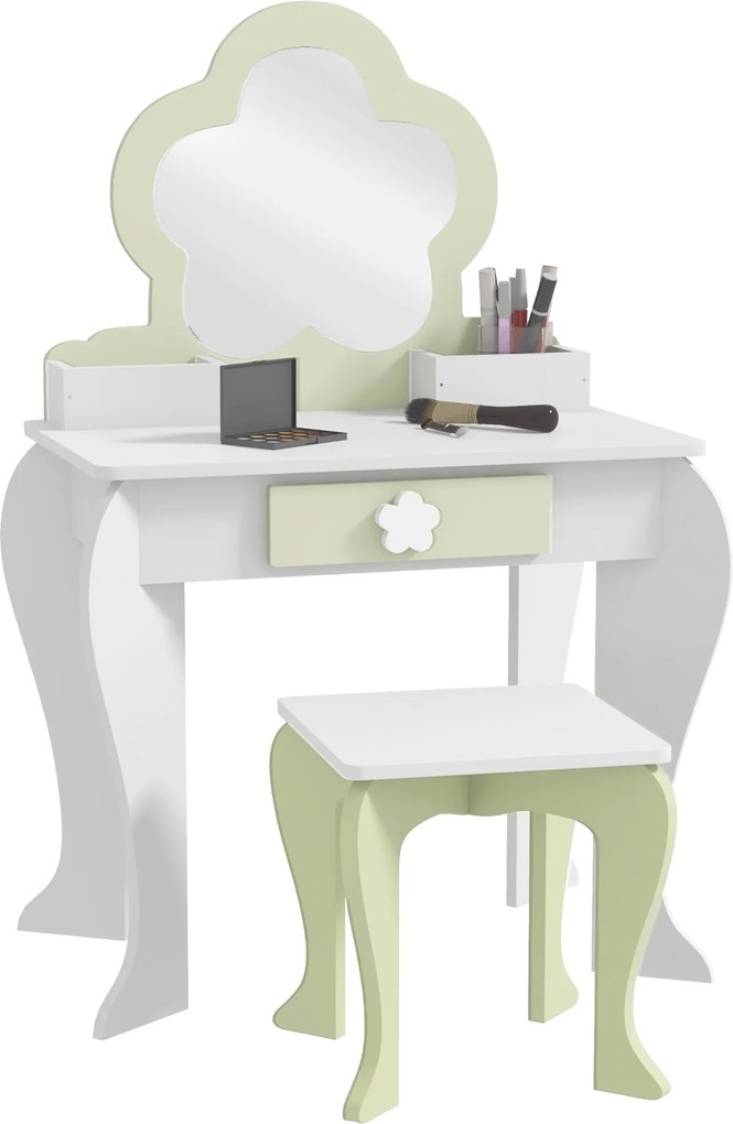 ZONEKIZ Lányok Öltözködő Asztala Tükörrel és Puffal Smink Öltözködő Asztal Gyerekeknek 3-6 Évesek Számára 2 Dozával és 1 Fiókkal 55x34x87,5 cm Fehér é