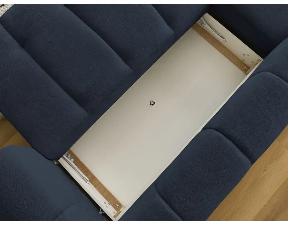 Sötétkék kinyitható-tárolóhelyes sarokkanapé (bal oldali-heverő résszel) Fuji – Bobochic Paris