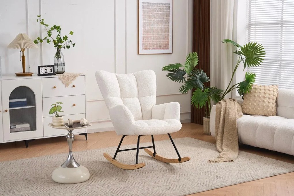 Hintaszék, relaxációs szék, szoptatós fotel plüss szövet kárpitozással, fehér színű