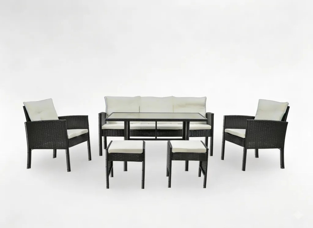 „VADUZ” RATTAN BÚTOR SZETT (KANAPÉ + 2 FOTEL + 2 PUFF + ASZTAL) FEKETE, KRÉMSZÍNŰ PÁRNÁKKAL