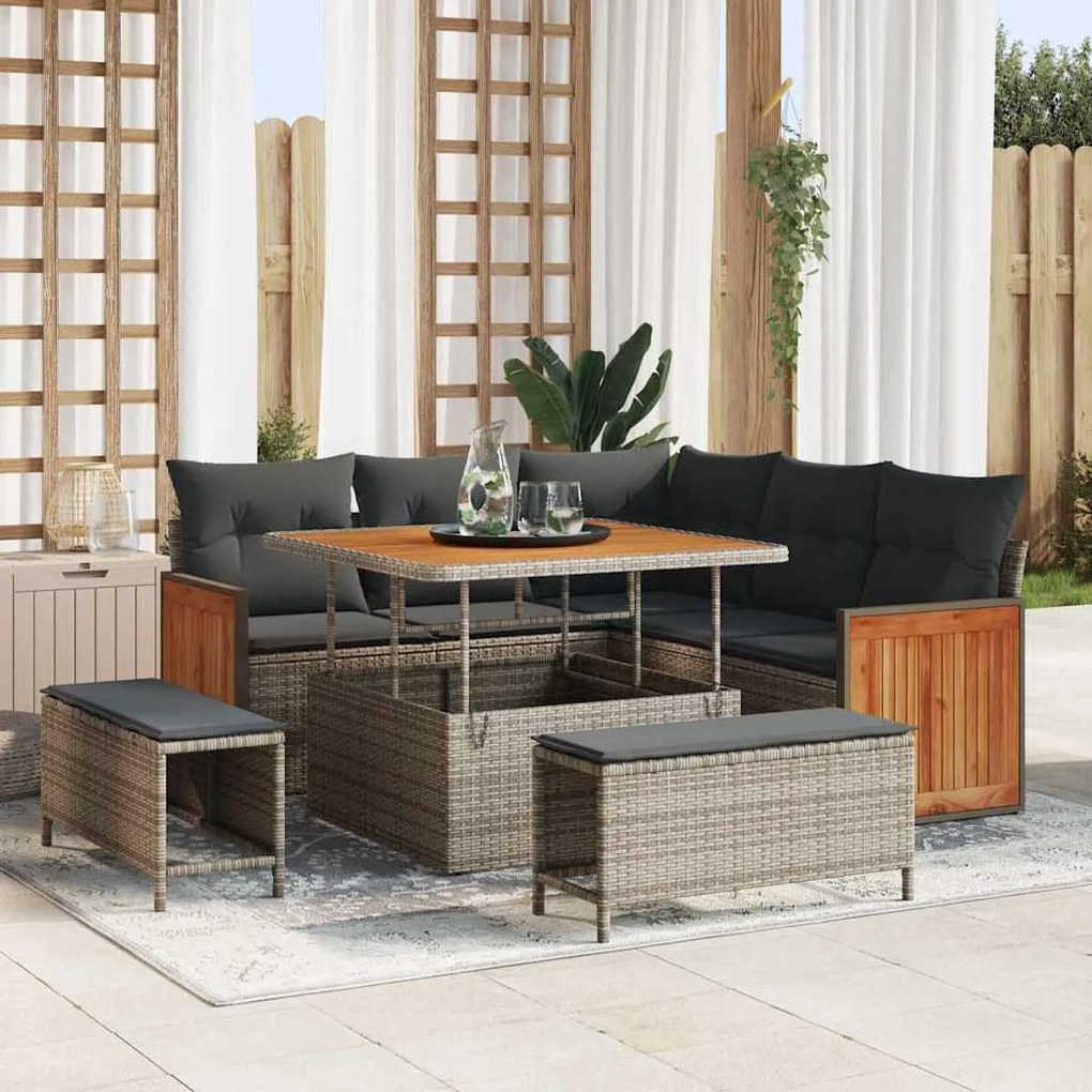 vidaXL Kerti Kanapé Szett 8 pcs Szürke Poli Rattan és Porfestett Acél