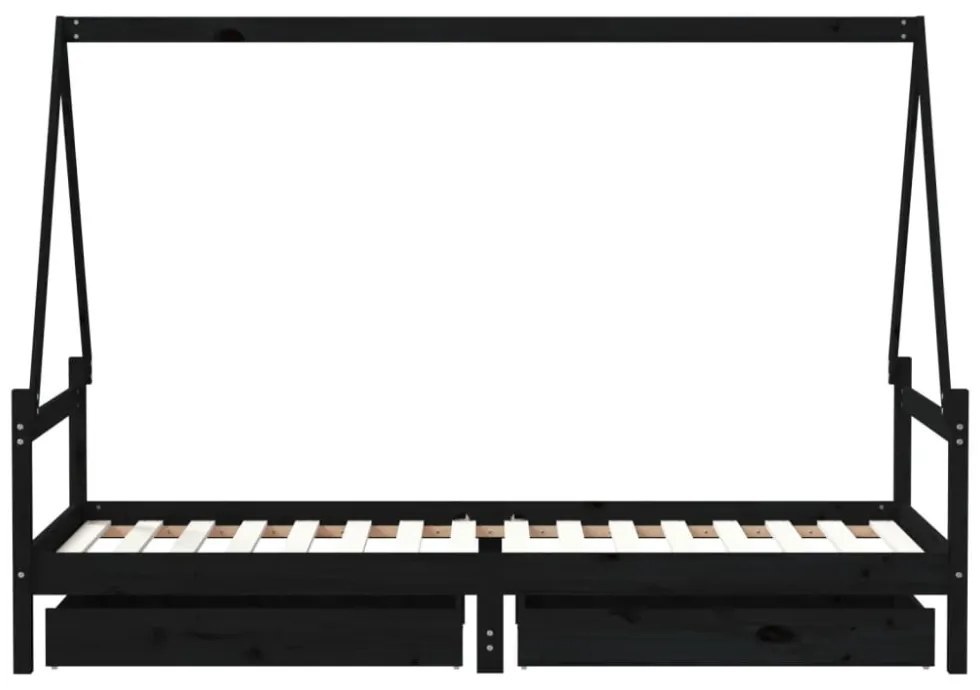 fekete tömör fenyőfa gyerekágykeret fiókokkal 90 x 200 cm