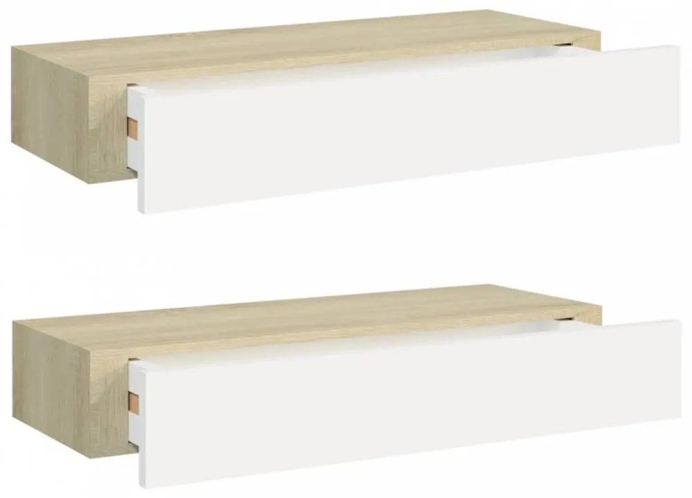 2 db tölgy és fehér fiókos fali polc 60 x 23,5 x 10 cm
