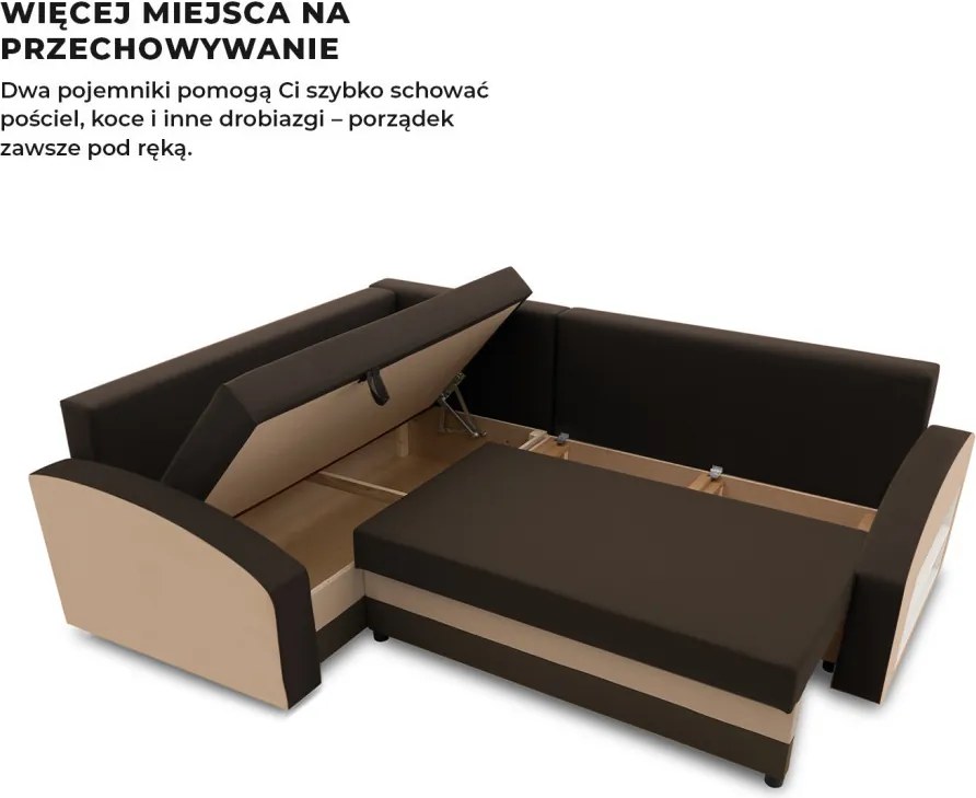 Grande sarokkanapé polcokkal , polc a jobb karfaban, baloldali, szövet anyag, hab töltet, barna