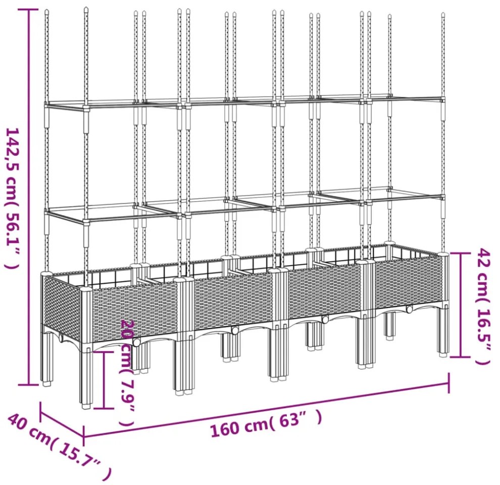 világosszürke PP rácsos kerti ültetőláda 160 x 40 x 142,5 cm