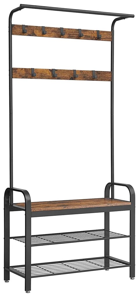 Kabáttartó, előszobafal cipőtartóval, 84 x 183 x 33,7 cm, rusztikus barna