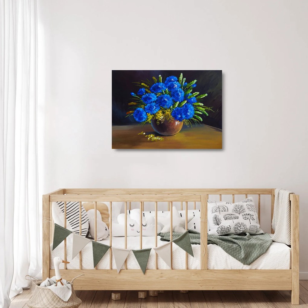 Kék virágok képe egy vázában (üvegen) (70x50 cm)