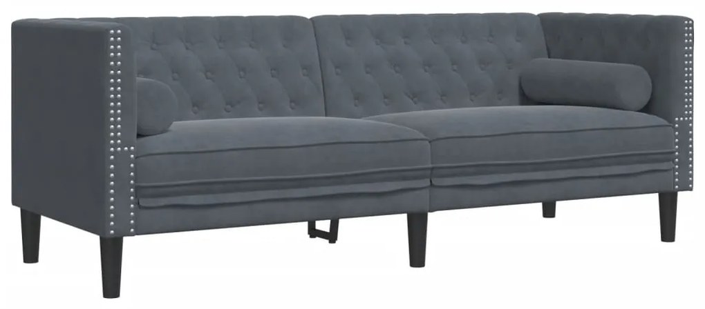 2 részes sötétszürke bársony Chesterfield kanapészett párnákkal