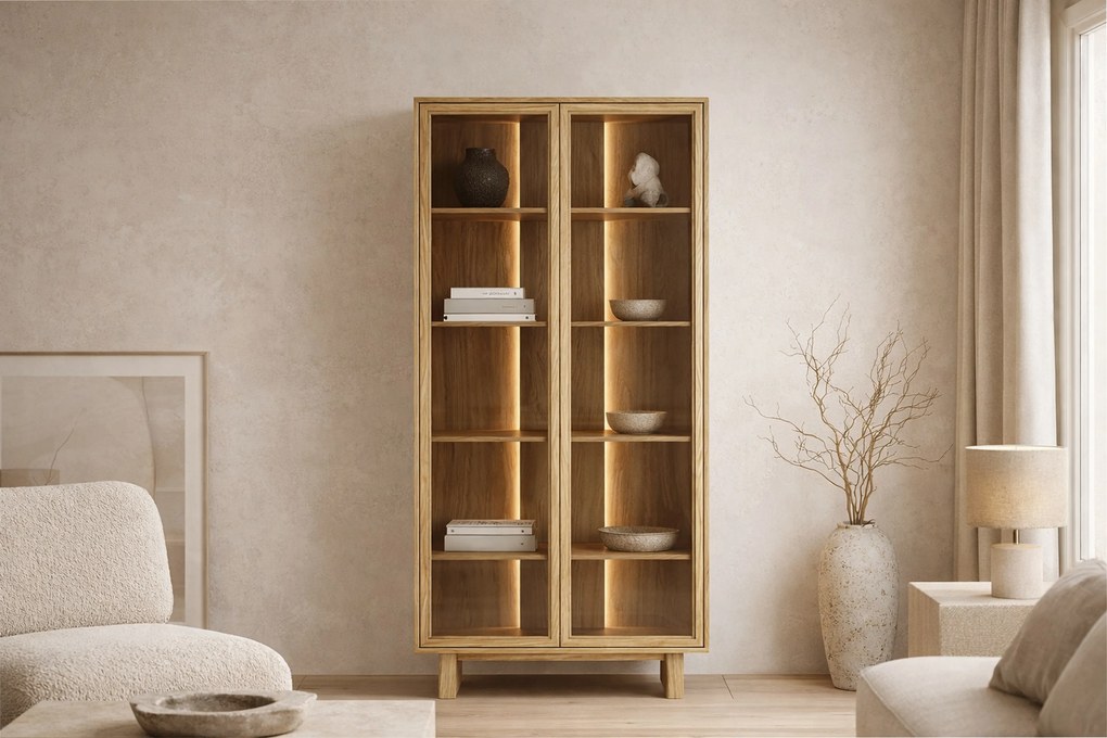 Bellora magas vitrinszekrény 94 cm világítással - olajozott tölgy