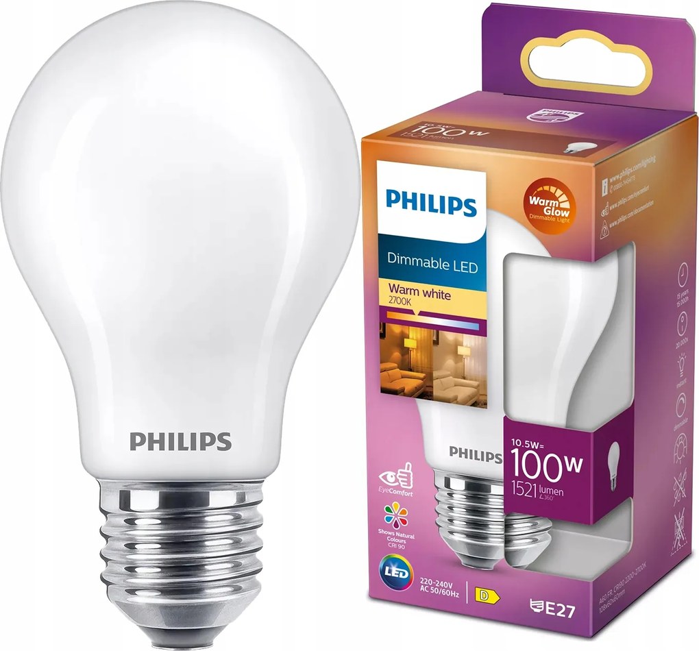 Led izzó E27 A60 10.5W 100W 1521lm 2700K Tompítható Filament Philips