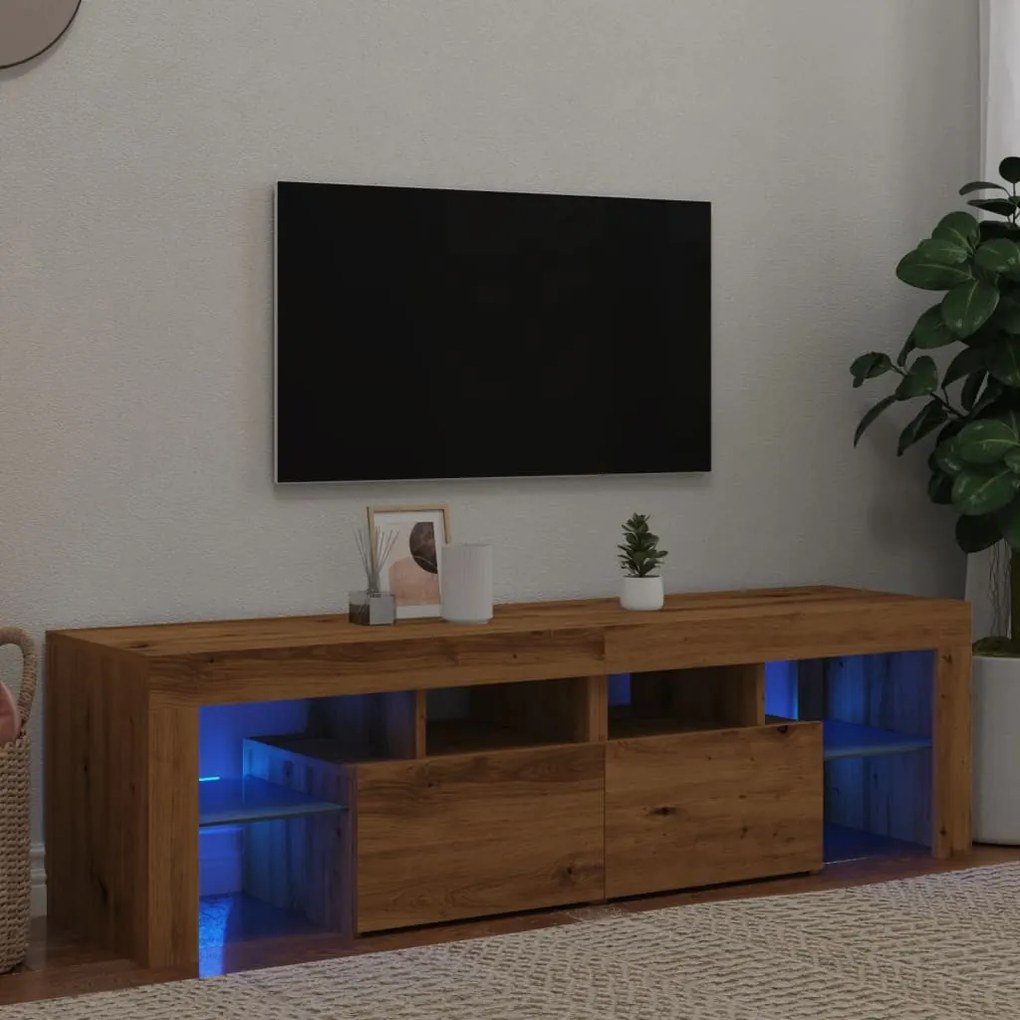 kézműves tölgy szerelt fa TV-szekrény LED-ekkel 140x36,5x40 cm