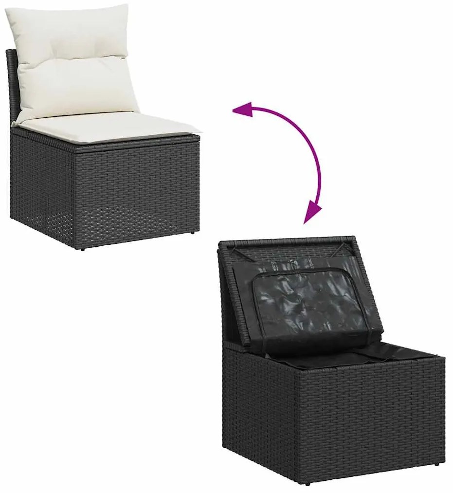 9 részes fekete polyrattan akácfa kerti ülőgarnitúra párnákkal
