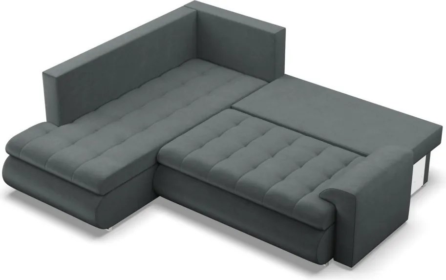 Tokio sarokkanapé, L alakú háttámlával, 2 ágyneműtartóval, bársony, baloldali, szürke