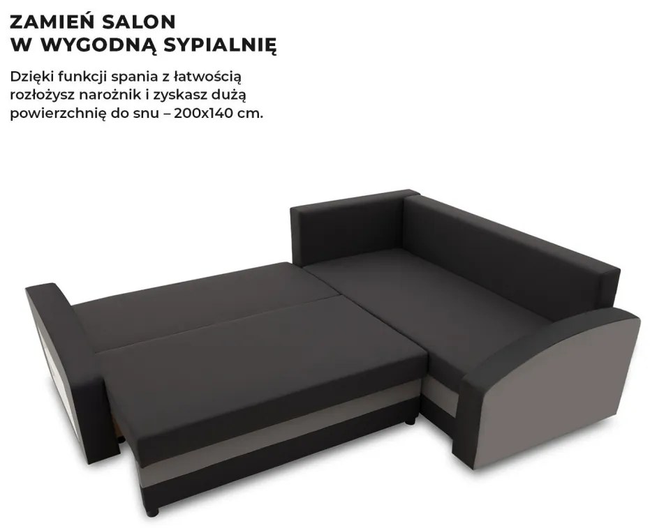 Grande sarokkanapé polcokkal , polc a bal karfaban, jobboldali, szövet anyag, hab töltet, fekete - szürke