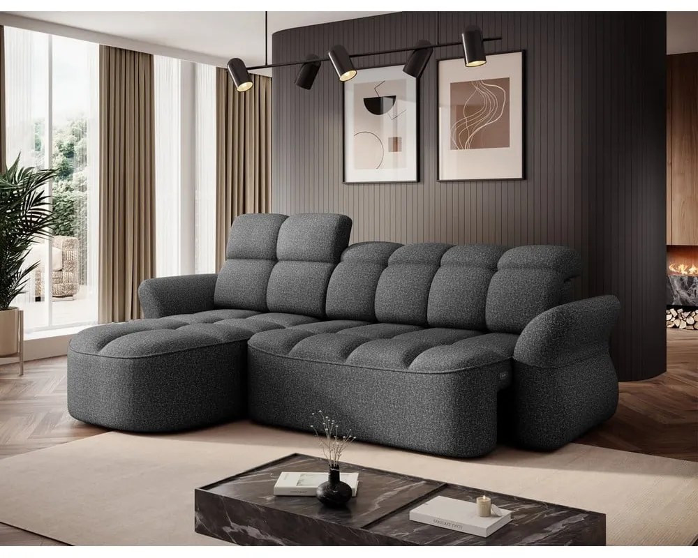 Sötétszürke bársony kinyitható-tárolóhelyes sarokkanapé (bal oldali-heverő résszel) Beneth – ELTAP