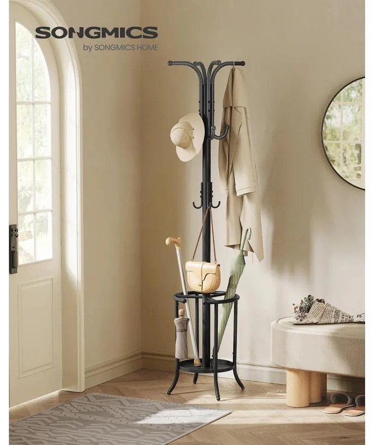 Szabadon álló ruhafogas esernyőtartóval, fekete