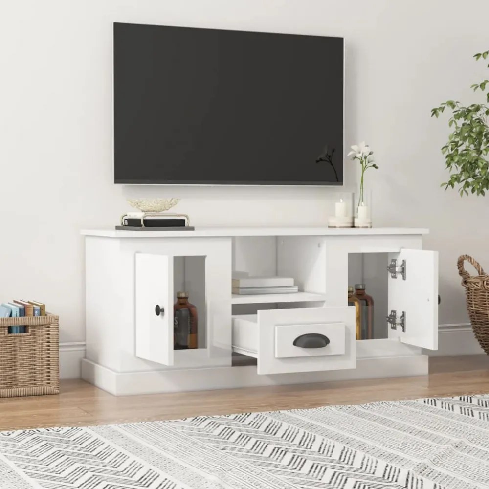 magasfényű fehér szerelt fa TV-szekrény 100 x 35,5 x 45 cm