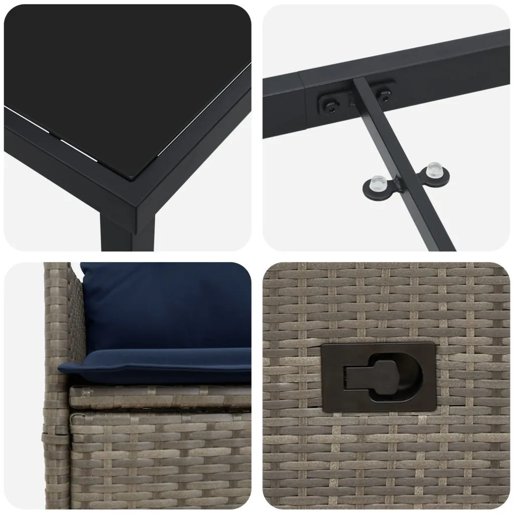 3 Részes Kerti Étkező Szett Párnákkal Szürke Poli Rattan, Kerti Asztal Fekete 80x80x73 cm Edzett Üveggel