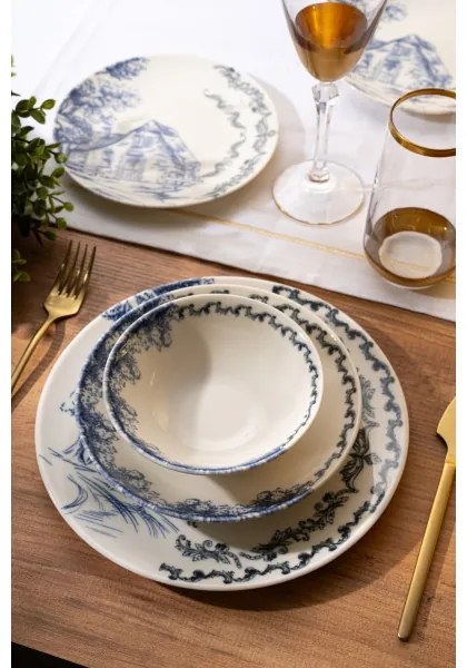 24 darabos étkészlet, fehér/kék, porcelán