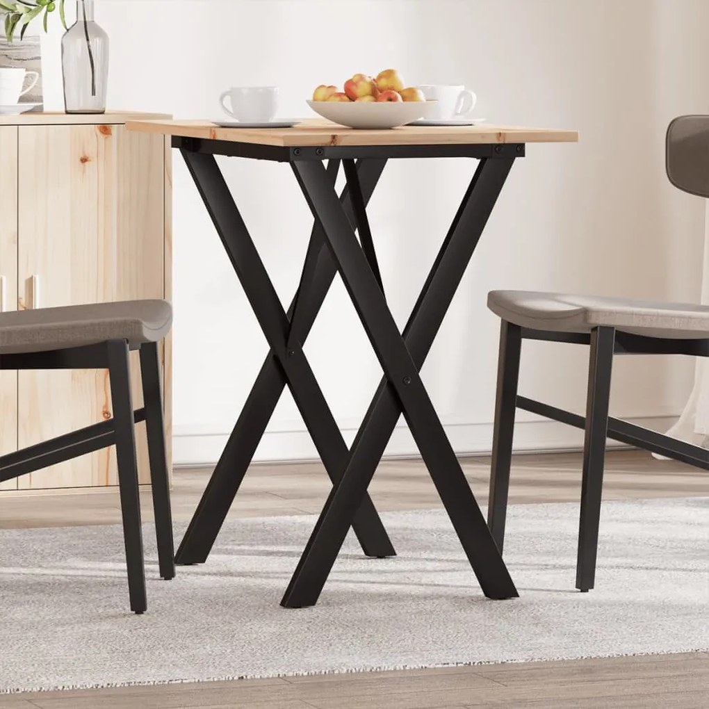 Tömör fenyőfa és acél étkezőasztal X-vázzal 80x50x75 cm