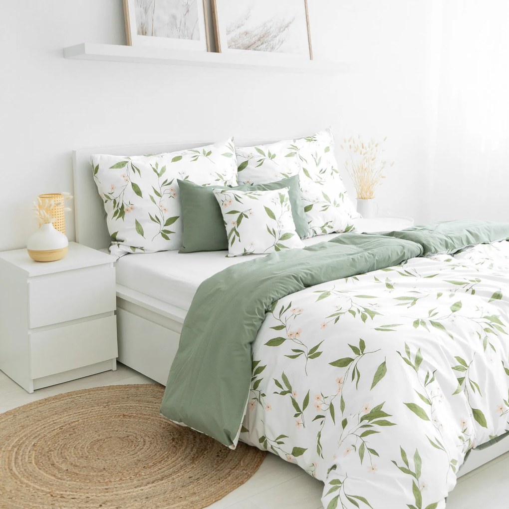 Goldea pamut ágyneműhuzat duo - jázmin virágmintás, zsálya színű hátoldal 140 x 220 és 70 x 90 cm
