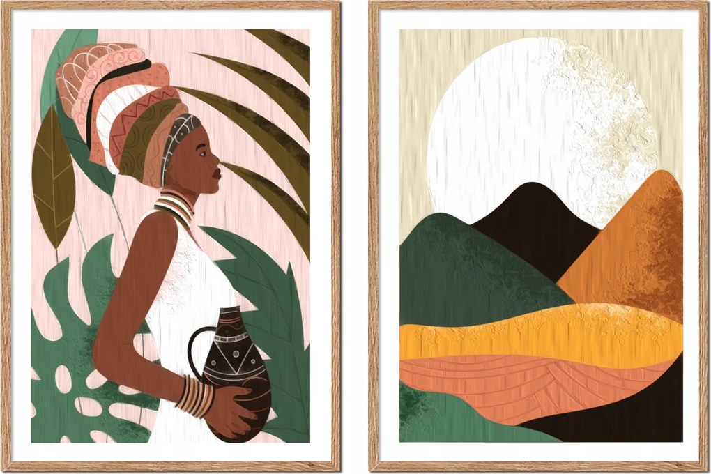 Diptyk 2 Db-os Képkeret szett Afrika nő turbán hegy P2552_43x53