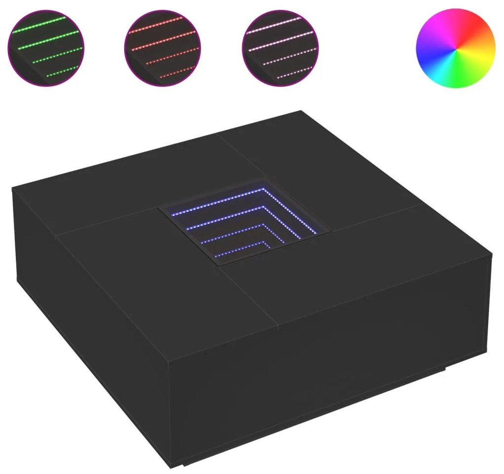 Fekete végtelen hatású LED-es dohányzóasztal 100 x 100 x 40 cm
