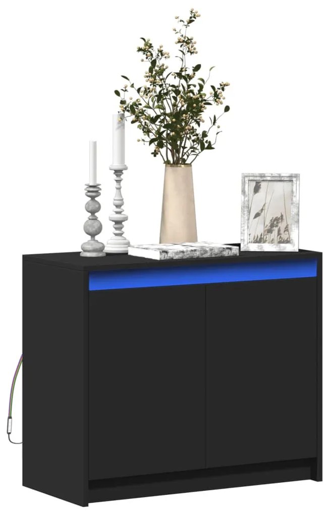 fekete szerelt fa tálalószekrény LED-del 72 x 34 x 61 cm