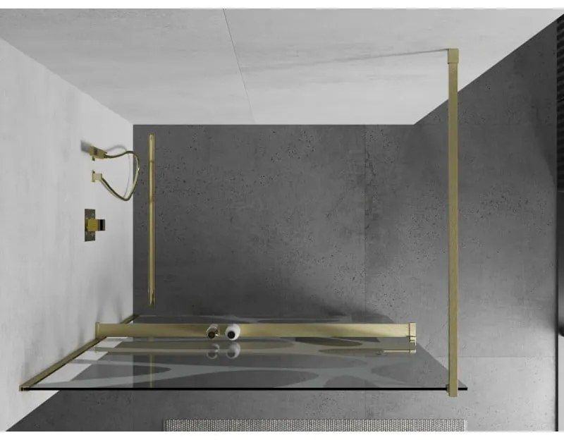 Mexen Kioto+, Walk-In zuhanyparaván polccal és akasztóval 140 x 200 cm, 8 mm átlátszó üveg fehér mintás, arany matt profil, 800-140-121-55-97
