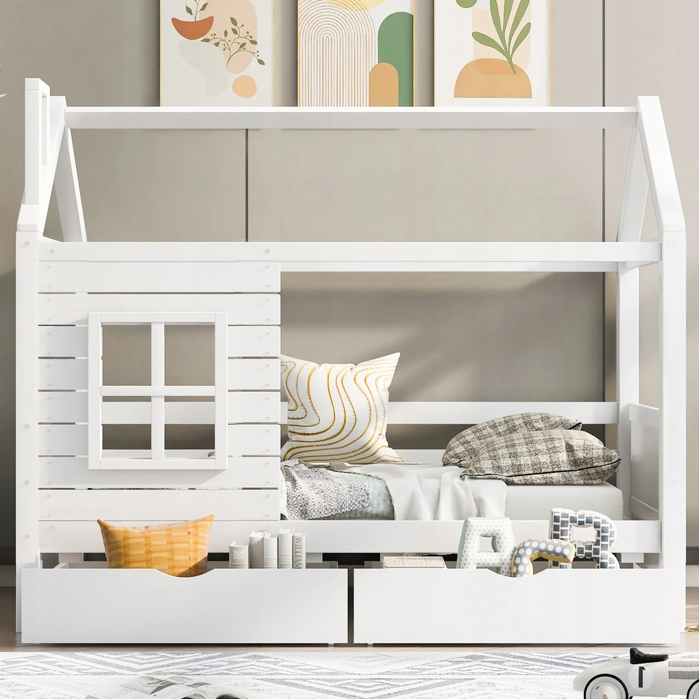 otthoni ágy gyerekágy 90x200cm egyszemélyes ágy 2 fiókos fehér