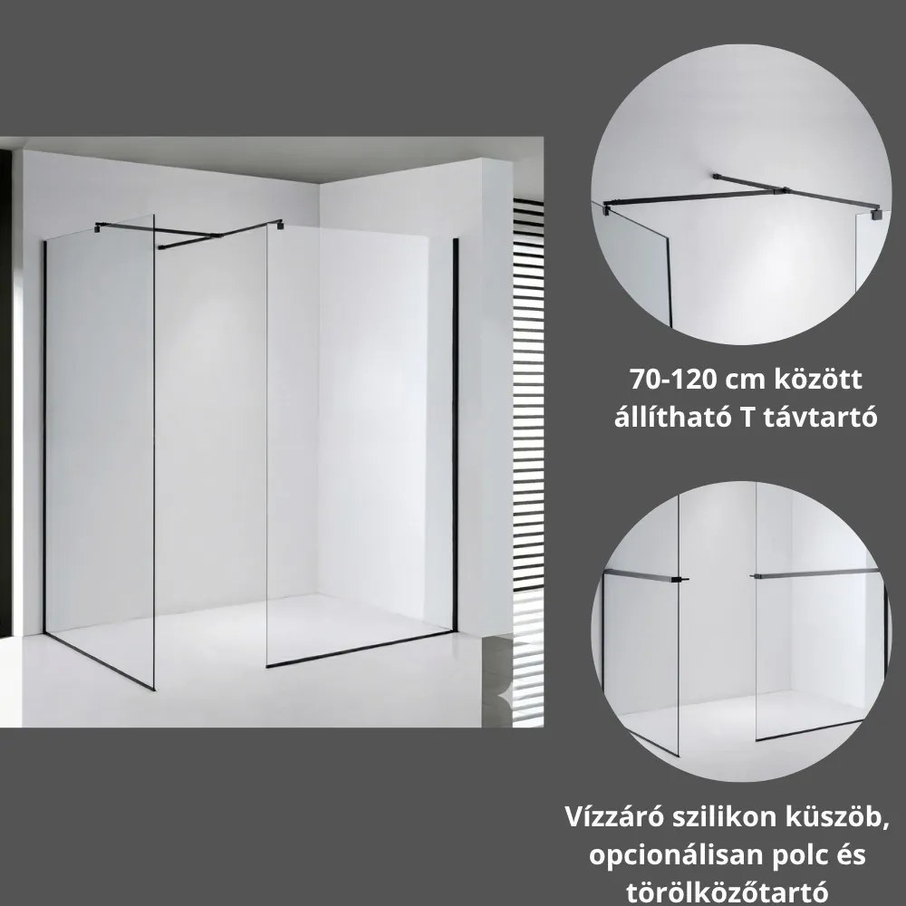 Stuxi Milano Kombi Plus 2 Black Walk-in zuhanyfal, 90x70 cm, 8 mm vastag vízlepergető biztonsági üveggel, 2 polccal és törölközőtartóval