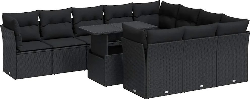 vidaXL 11 részes fekete polyrattan kerti ülőgarnitúra párnákkal