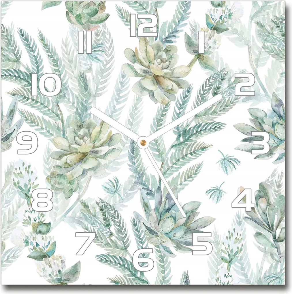 Négyzet alakú üveg falióra Virágok és levelek 30x30 cm