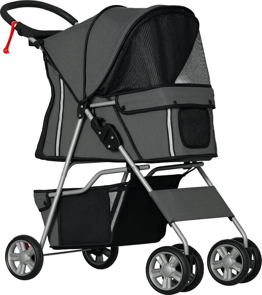 PawHut Összecsukható Kutyakocsi Kis Kutyák Számára Állítható Tetővel, Alsó Kosárral, Hálóablakokkal, Üveg Tartókkal és Kerekekkel, Teherbírása 15 kg 7