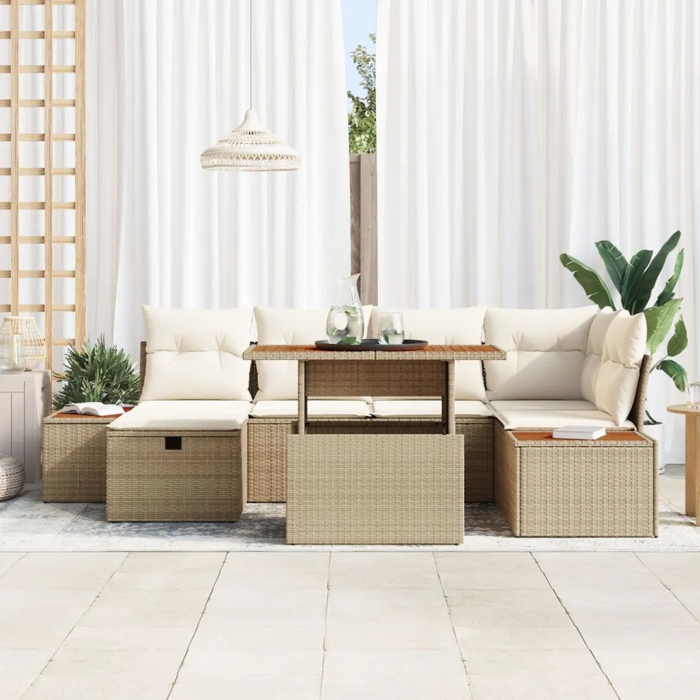 7 Darabos Kert Sofa Szett Párnákkal Bézs Poli Rattan