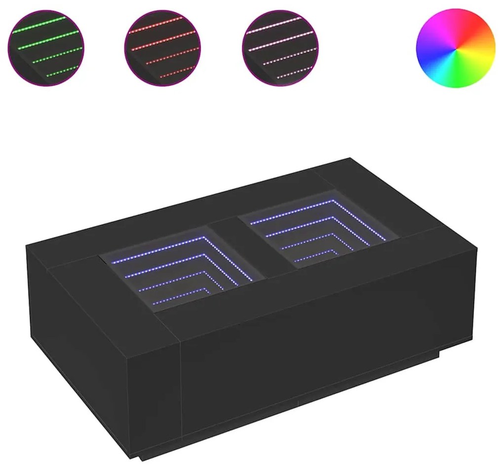 Fekete végtelen hatású LED-es dohányzóasztal 116 x 69 x 40 cm