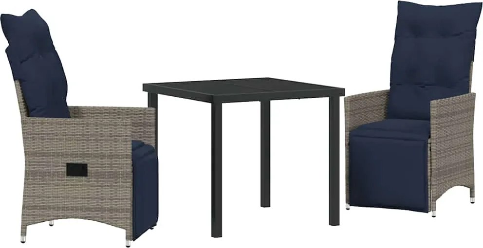 vidaXL Asztal és szék szett párnával 3 pcs Szürke PE Rattan