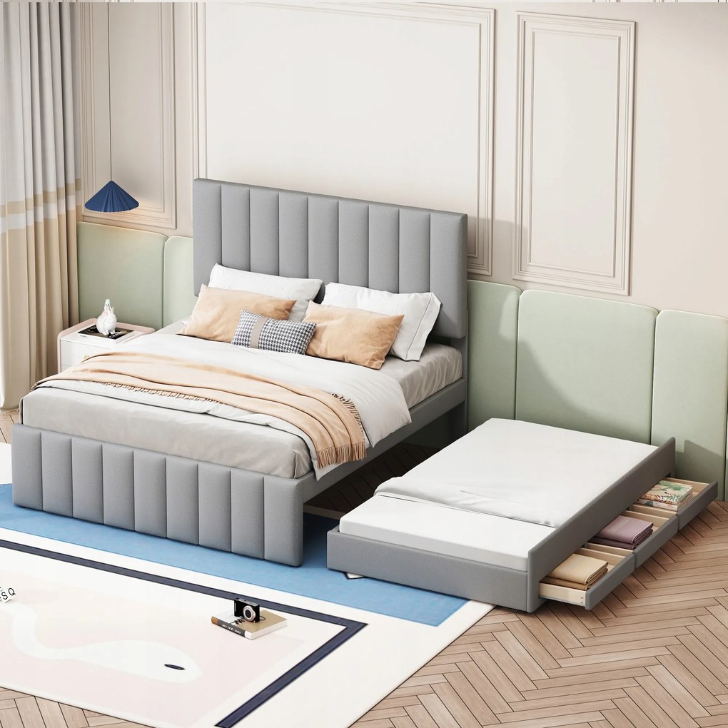 Kárpitozott ágy 140x200cm gyerekágy kihúzható fiók szürke