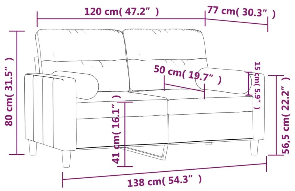 2 személyes krémszínű szövet kanapé díszpárnákkal 120 cm