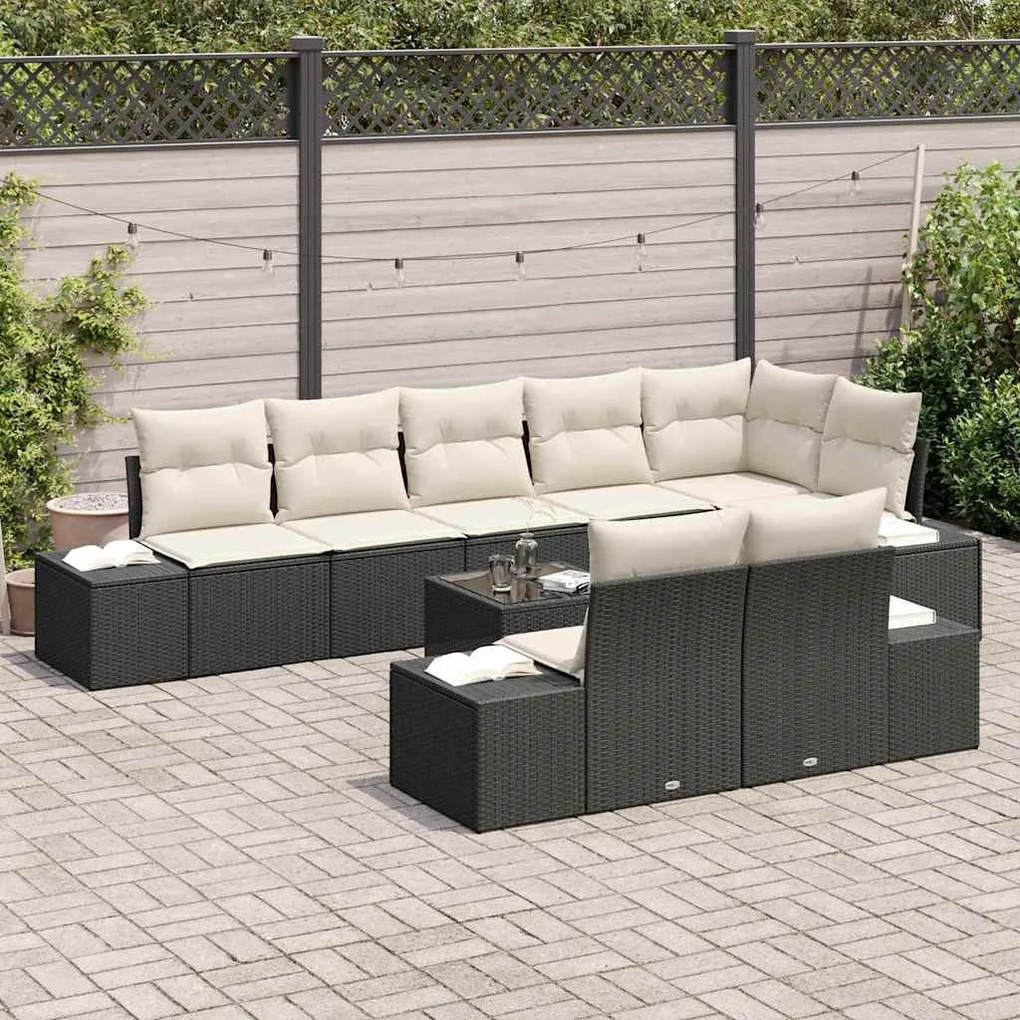 Kerti Kanapé Szett 9 pcs Fekete és krémszínű Poli rattan