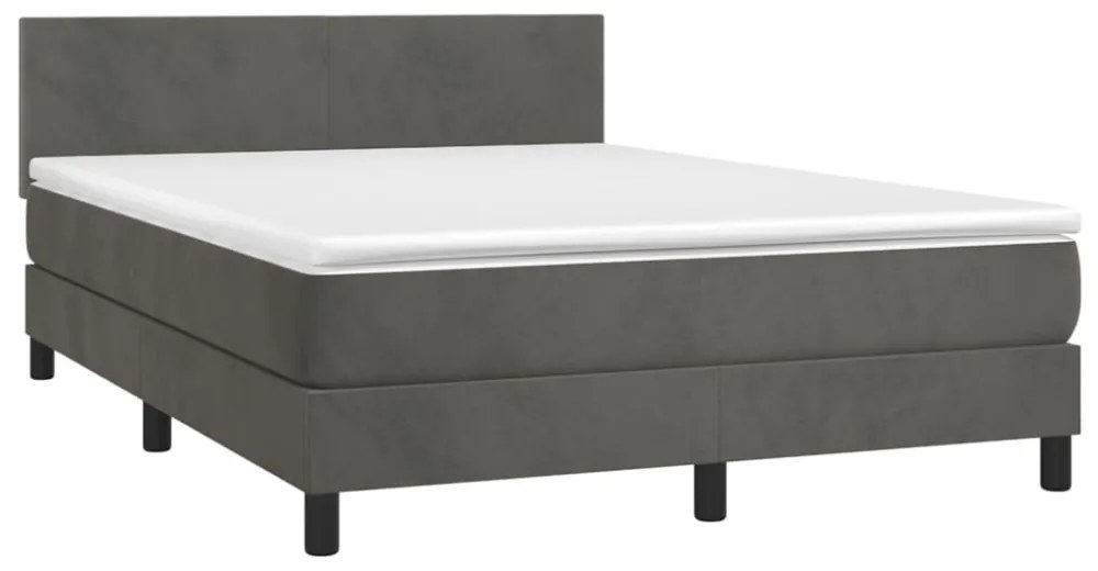 sötétszürke bársony rugós és LED-es ágy matraccal 140x190 cm
