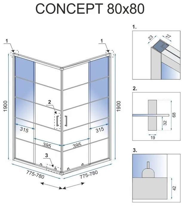 Rea - Concept zuhanykabin tolóajtóval 80 x 80 cm, fekete profil - átlátszó üveg 5 mm, REA-K5479