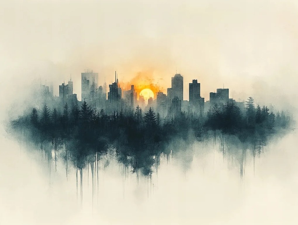 Vászonkép Canvas Grafika Város Panoráma Nap Erdő Akvarell 80x60