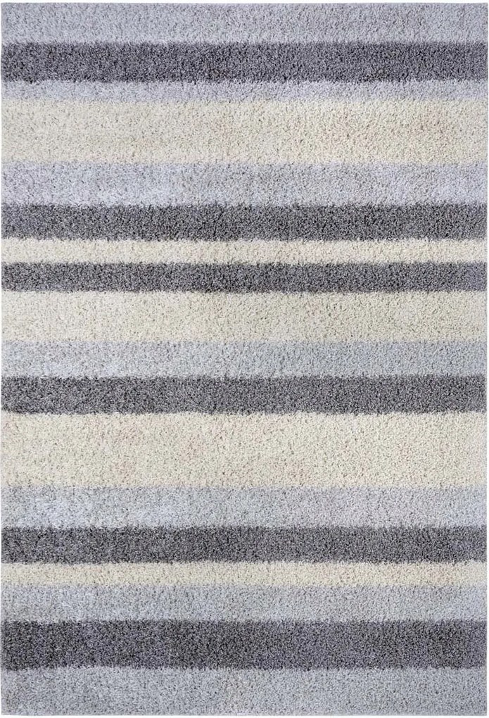 Shaggy szőnyeg 200x290cm nappaliba,krémszürke-kék csíkos minta