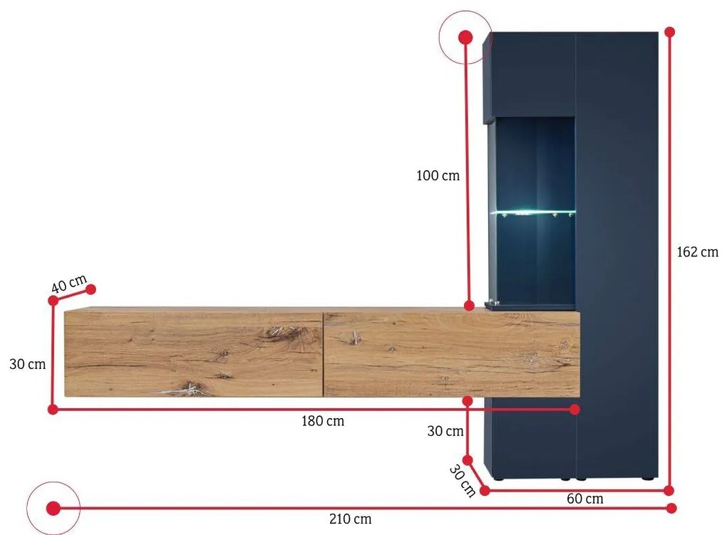 MARIONO nappali fal, 210x162x40, sötétkék/tölgy flagstaff