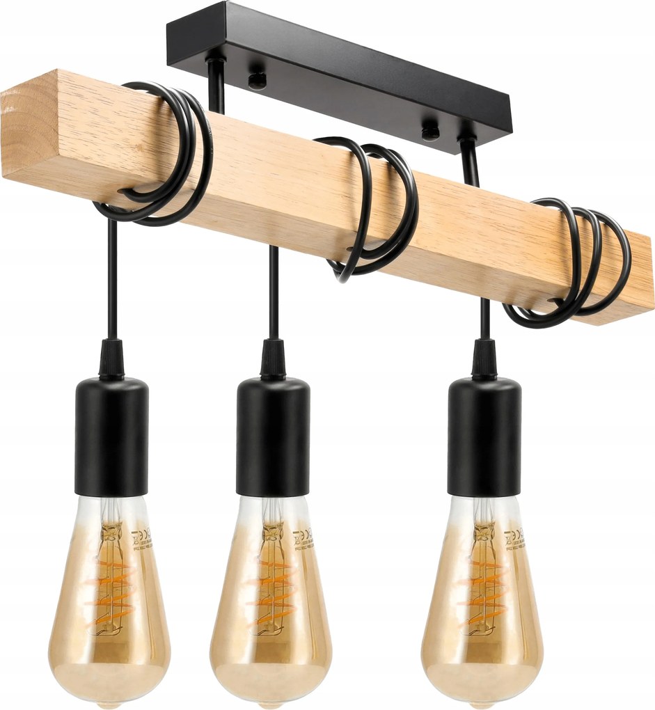 Mennyezeti Lámpa Függő Led Fa 3xE27 Gerenda Túlnyúlás Fekete Loft Csillár