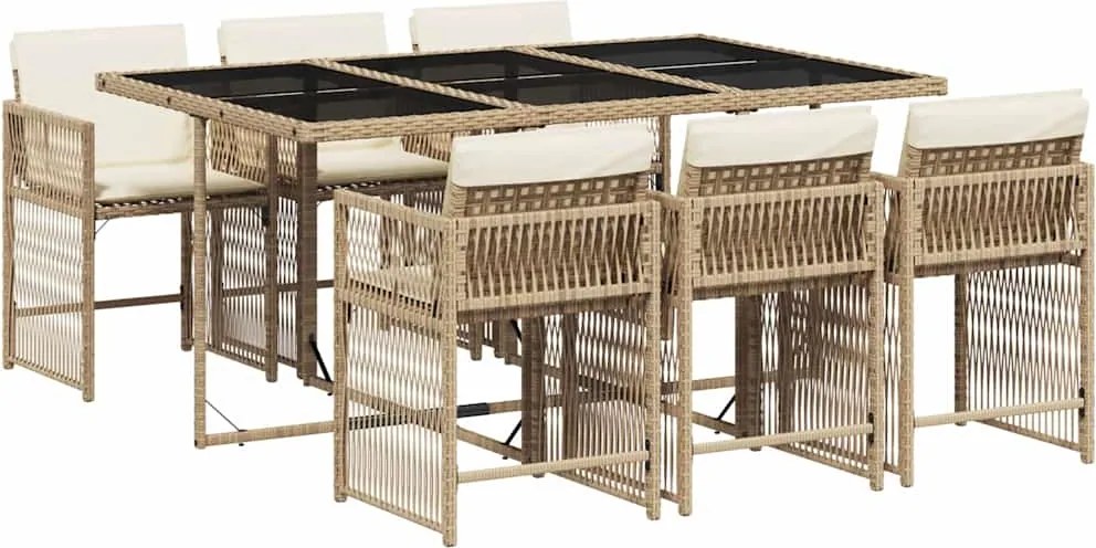 vidaXL 7 részes bézs polyrattan kerti étkezőgarnitúra párnákkal