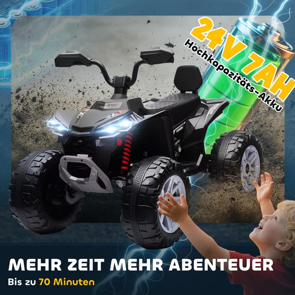 AIYAPLAY Elektromos gyermek quad, 24 V-os elektromos jármű 4 kerékkel, fényszórókkal, USB porttal, MP3, fekete