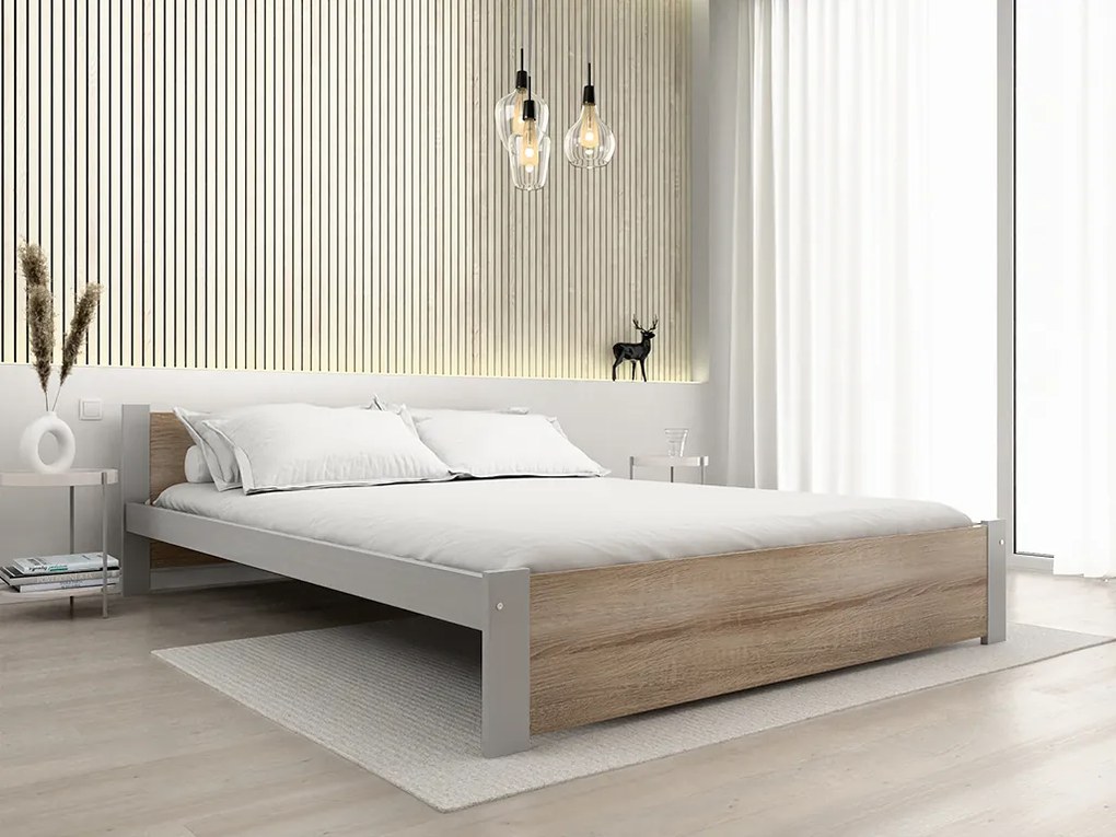 Ágy IKAROS 140 x 200 cm, sonoma tölgy/szürke Ágyrács: Lamellás ágyrács, Matrac: Deluxe 10 cm matrac