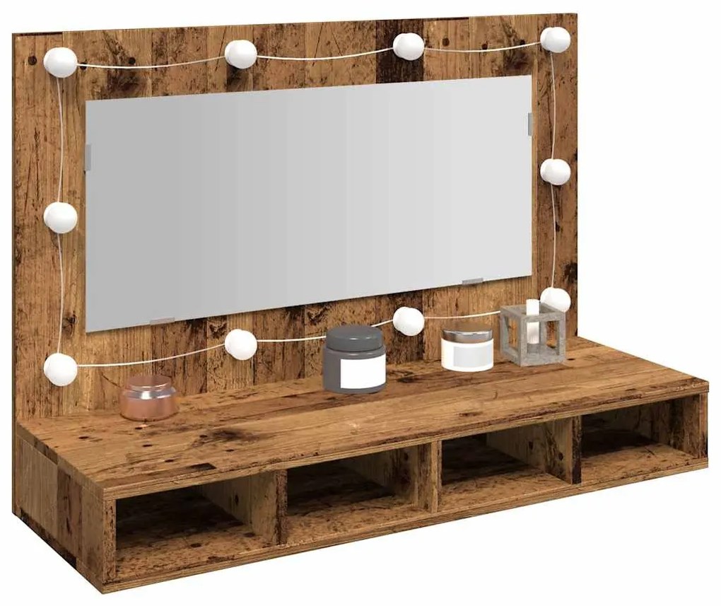 antik fa tükrös szekrény LED-ekkel 90x31,5x62 cm